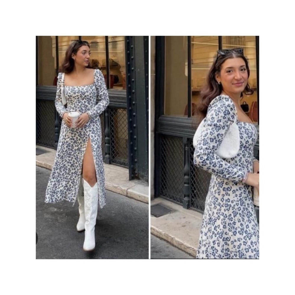 REFORMATION Sigmund Milonesa Blue White Floral Long Sleeve Slit Midi Dress Sz 24 - Picture 4 of 15